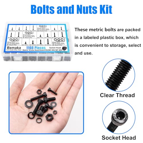 1108PCS Metric Screw Assortment Kit, M3 M4 M5 M6 Metric Bolts and Nuts Kit with with Lock & Flat Washers, 12.9 Grade Alloy Steel Hex Socket Head Cap Screws for 3D Printing - size: M3 M4 M5 M6-1108PCS