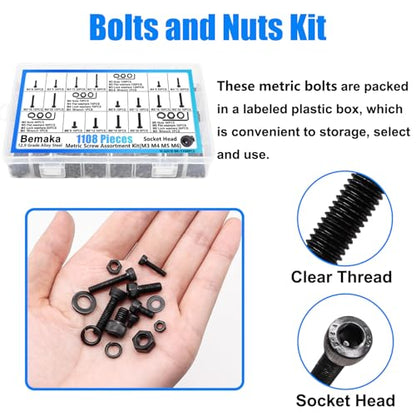 1108PCS Metric Screw Assortment Kit, M3 M4 M5 M6 Metric Bolts and Nuts Kit with with Lock & Flat Washers, 12.9 Grade Alloy Steel Hex Socket Head Cap Screws for 3D Printing - size: M3 M4 M5 M6-1108PCS