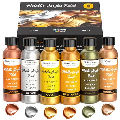 Nicpro 6 Colors Metallic Acrylic Paint Set, Gold Leaf Paint - color: 6 Metallic Colors