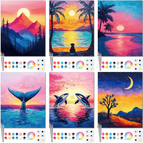 Dinifee 6 Pack Pre Drawn Canvas 8x10 Paint Kit for Adults, Sunset - style: Sunset