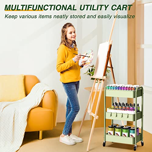 LEHOM 3 Tier Rolling Cart, Metal Rolling Utility Cart with Lockable Wheels - color: Green