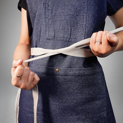 100% Cotton Printed Kitchen Apron with 2 Pockets for Men and Women – Adjustable Chef Apron - Machine Washable - color: Indigo Blue