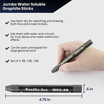 Pacific Arc Jumbo Water Soluble Graphite Sticks Set of 3, Soft 12B, 10B, 8B - style: 12B, 10B, 8B