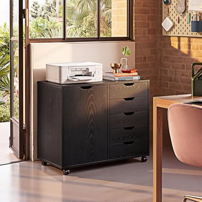 DEVAISE 5-Drawer Wood Drawer Cabinet, Office Storage Cabinet, Black - color: Ebony
