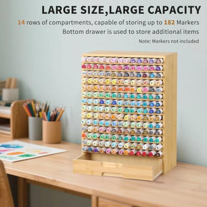 AUTOARK Natural Bamboo Marker Organizer with Drawer, AHK-065 - size: 182 Markers