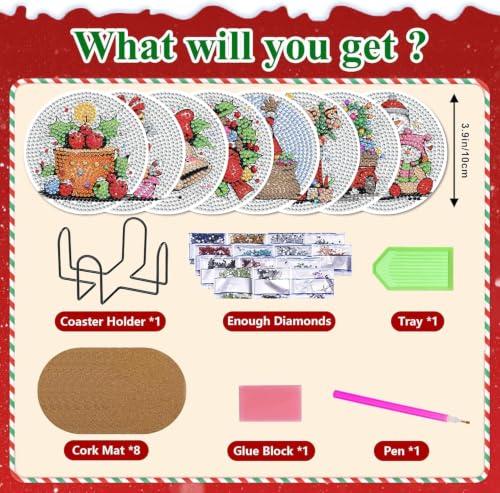 HHMATITS 8 Pcs Christmas Diamond Art Coasters, Diamond Painting Coasters - color: Christmas-2