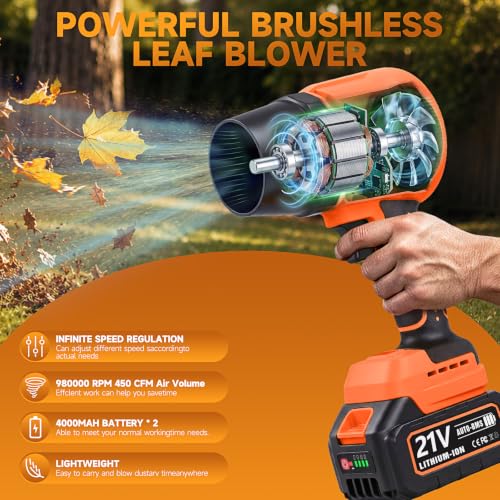 Leaf Blower Cordless Battery Charger, Electric Leaf Blower Cordless Powerful, Powerful Battery Powered Leaf Blower Powerful Brushless Motor High Speed Blowers Tool Orange