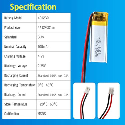401230 3.7V Lipo Battery 100mAh 401230 Rechargeable Lithium - size: 401230 100mAh