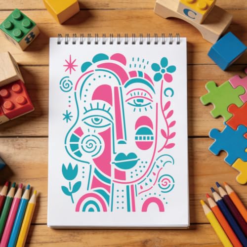 4 Sheets Abstract Face Pattern Stencil for Painting, Modern Geometric Human Face Silhouette Drawing Stencil Reusable Art Template for Painting on Tile Wall Floor Scrapbooking