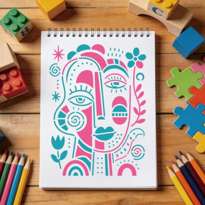 4 Sheets Abstract Face Pattern Stencil for Painting, Modern Geometric Human Face Silhouette Drawing Stencil Reusable Art Template for Painting on Tile Wall Floor Scrapbooking