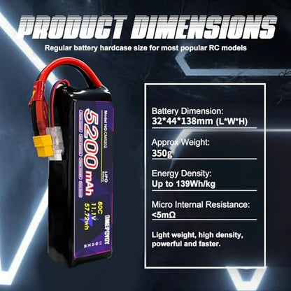 11.1V Lipo Battery 3S 5200mAh 80C Lipos Soft Case with XT60 Connector for RC Car Airplane Helicopter Boat Racing RC Hobby - color: Softcase