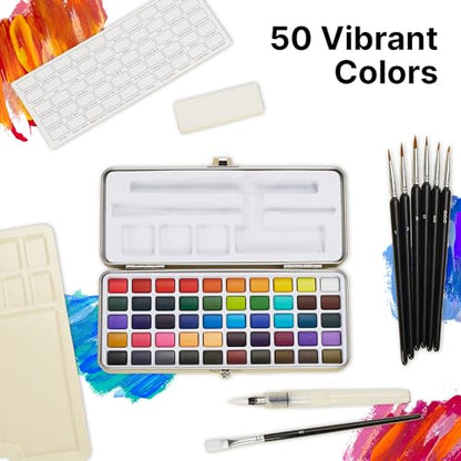 Watercolor Paint Set of 50 Colors - Washable Paint Kit with 7 Brushes