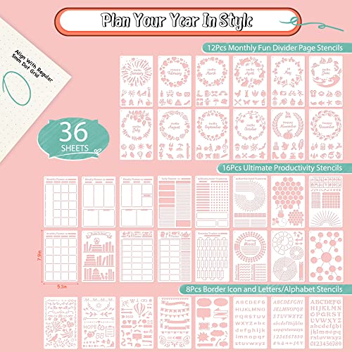 Bullet Journal Stencils (36PCS), Journaling Supplies Accessories Kit, Planner Stencils Calendar Templates