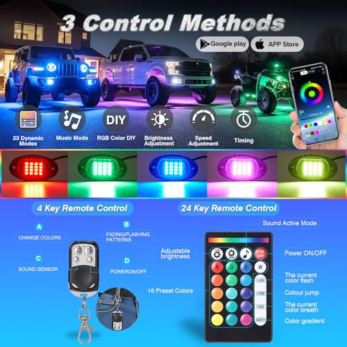8Pods RGB LED Rock Lights Multicolor Underglow Accent Light Kit 12V - size: 8Pods