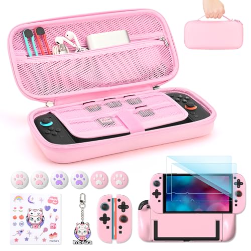 innoAura Switch 2 Case 14-in-1 Bundle for NS Switch 2 (2025), with Carrying Case, Protective Cover, Thumb Grips, Screen Protector, Cute Pendant and Sticker, Pink - color: Pink Set, size: for Switch 2 (2025)