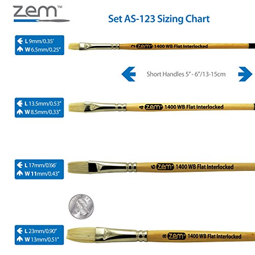 ZEM Brush Interlocked White Hog Bristle Artist Brush Set Flats 2,4,6,8