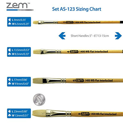 ZEM Brush Interlocked White Hog Bristle Artist Brush Set Flats 2,4,6,8