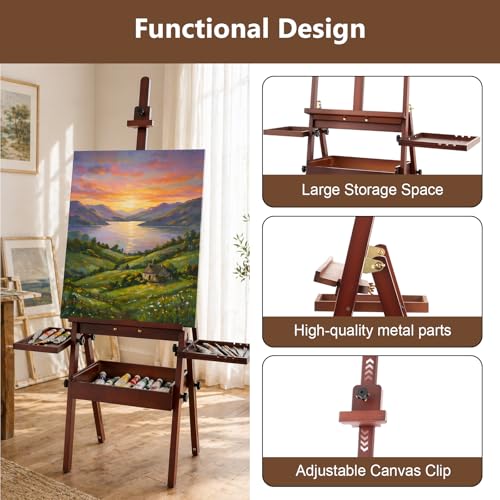 Wooden H-Frame Studio Easel with Storage Drawer and Palettes, Walnut - style: Side Trays Walnut