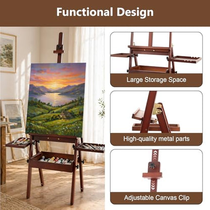 Wooden H-Frame Studio Easel with Storage Drawer and Palettes, Walnut - style: Side Trays Walnut