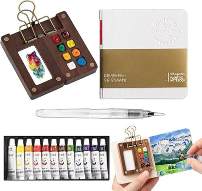 Mini Watercolor Travel Set with 8-Well Wood Palette and Sketchbook - color: Wood 8 Grids