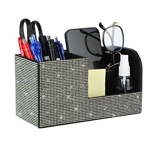 Desk Pen Pencil Holder Bling Pasted Rhinestones Paper Stationery Storage Box, Multi-functional Organizer for Pen,Pencil,Cell phone,Business Name Cards,Eye Glasses,Remote Control Holder (Color) - color: Color