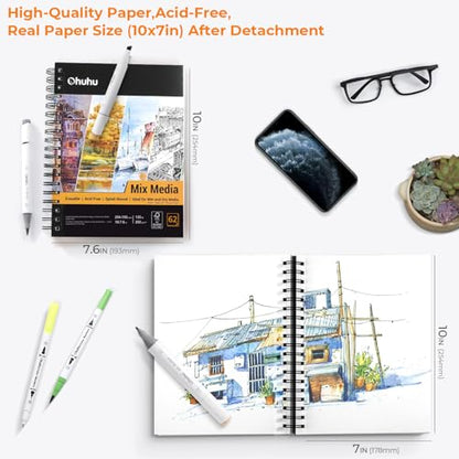 Ohuhu 7"x10" Mix Media Pad Art Sketchbook 62 Sheets for Painting Drawing - size: 7" x 10"