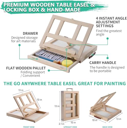 Portable Wooden Tabletop Art Easel Set with 24 Acrylic Paints for Painting