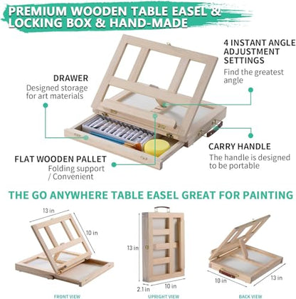 Portable Wooden Tabletop Art Easel Set with 24 Acrylic Paints for Painting