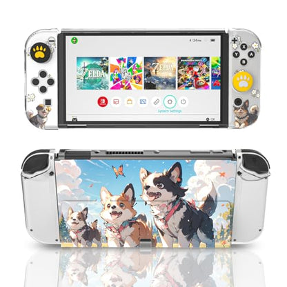 NANANINO Protective Case for Switch OLED – Cute Hard Shell with Kickstand, Screen Protector & 2 Thumb Grips – All-In-One Dockable Cover for Girls, Compatible with Switch OLED Console - color: Dog