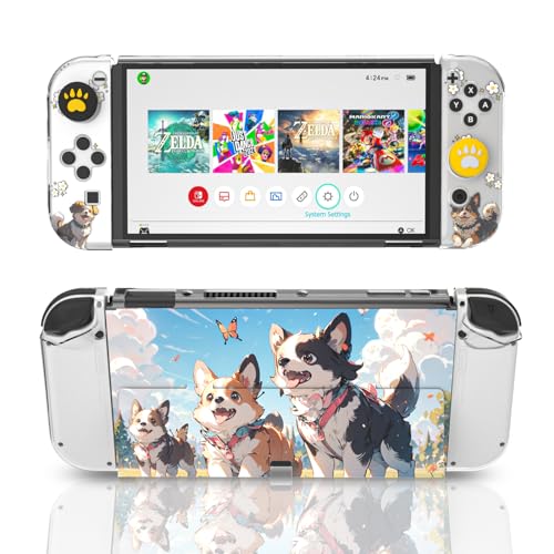 NANANINO Protective Case for Switch OLED – Cute Hard Shell with Kickstand, Screen Protector & 2 Thumb Grips – All-In-One Dockable Cover for Girls, Compatible with Switch OLED Console - color: Dog