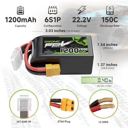 OVONIC 22.2V 150C 1200mAh 6S Lipo Battery with XT60 Plug