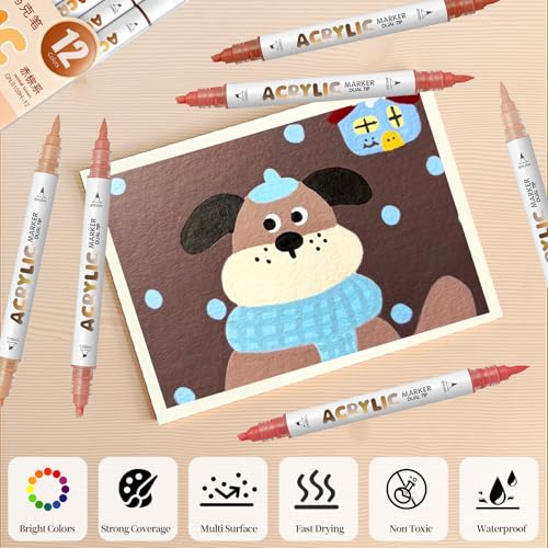 Reddish Brown Acrylic Paint Pens, Water Based 12 Colors Dual Tip - color: Reddish Brown Series