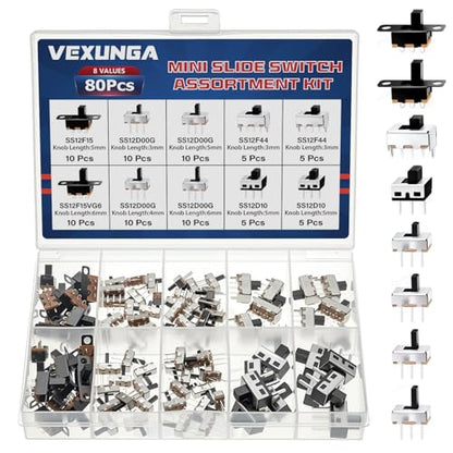 VEXUNGA Slide Switch Set Mini Micro Slide Switches SPDT 1p2t Small Toggle Switch Vertical Panel Mount ON Off 2Position 3Pin SS12F15 SS12F15VG6 SS12D00G SS12F44 SS12D10 (80Pcs)