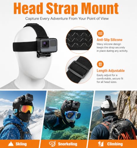 Accessories Kit for Action Camera, Chest Strap Harness + Head Strap Mount + 360° Rotating Hand Strap Mount and Backpack Clip Holder, 4 in 1 Universal Adjustable Sport Camera Accessories Kit