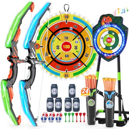 HYES 2 Pack Kids Bow and Arrow with 29" Dart Board & LED Dinosaur Target - size: 2 pack-led dartboard target