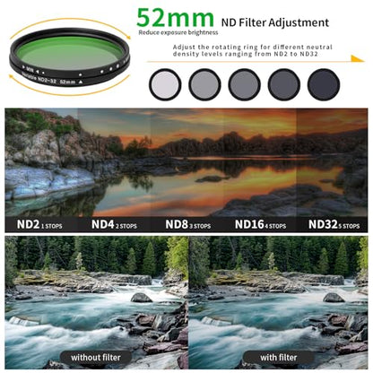 52MM Variable ND2-32 Filter for Phone, Multi-Coating Clip-On Variable Neutral Density Lens Kit, Compatible with iPhone 16/15/14/13 Pro Max, Samsung Galaxy, Google Pixel and Other Smartphone