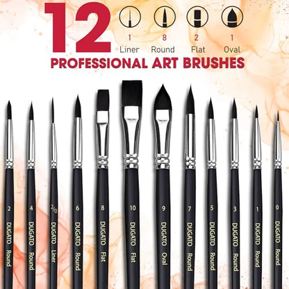 DUGATO Watercolor Brush Set 12 pc, Round, Flat, Liner & Oval Synthetic