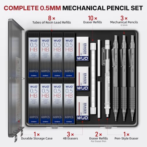 WUO 0.5mm Mechanical Pencil Set, 3 Pack Grey Metal Drafting Pencils - color: Grey, size: 0.5