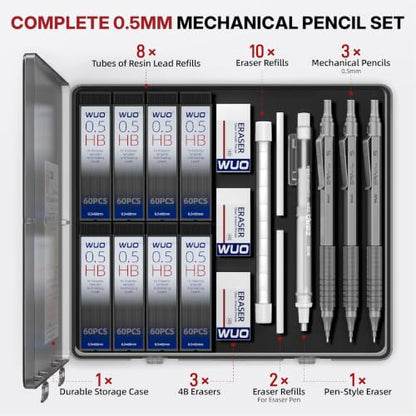 WUO 0.5mm Mechanical Pencil Set, 3 Pack Grey Metal Drafting Pencils - color: Grey, size: 0.5