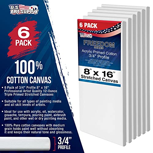 U.S. Art Supply 8"x16" Stretched Canvas for Painting, 3/4" Profile, 6-Pack - size: 8" x 16"