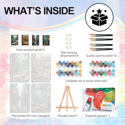 4 Pack Framed Paint by Numbers Kit for Adults Window View, Wooden Easel - color: YOP4P03