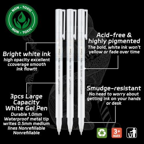 MARTCOLOR White Gel Pens, 1.0mm Extra Fine Opaque Archival Ink Pens, 3 Pack - color: White