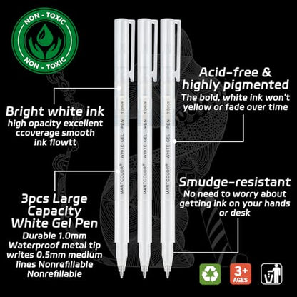 MARTCOLOR White Gel Pens, 1.0mm Extra Fine Opaque Archival Ink Pens, 3 Pack - color: White