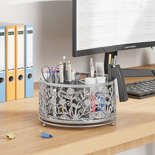 EKNITEY Pencil Pen Holder For Desk - 360° Rotating Pencil Cup Organizer - color: Silver