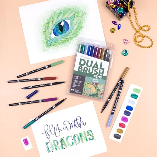 Tombow 56257 Dual Brush Pen Art Markers, Dragons, 10-Pack. Brush/Fine Tips
