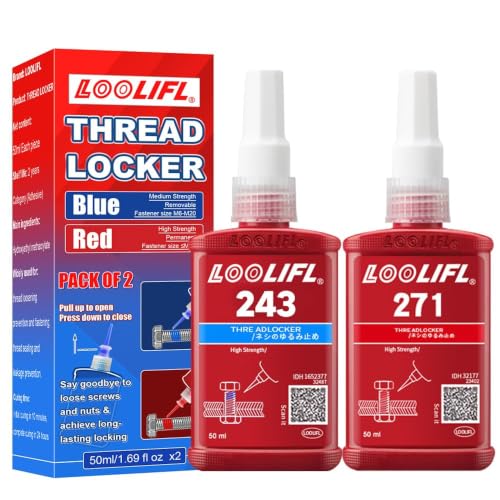2 Pack Thread Locker - LOOLIFL Blue 243 (Medium) & Red 271 (High) - Metal Screw Locking Sealant for Bolts/Nuts/Fasteners - Prevents Loosening/Corrosion (243 50ML+ 271 50ML) - size: 243 50ML+ 271 50ML