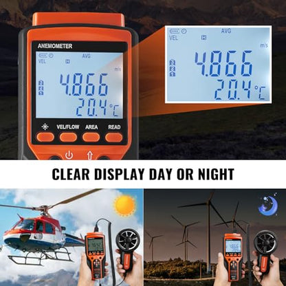 VEVOR Split Handheld Anemometer, 14-140, Digital Wind Speed CFM Meter Gauge with LED Backlight Screen, Measures Wind Velocity Temperature Air Flow, for Sailing Surfing Flying HVAC
