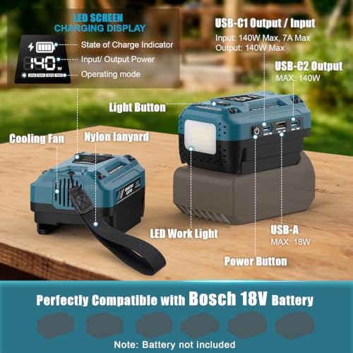 140W USB Battery Charger Compatible with Bosch 18V Battery - color: Dark Blue