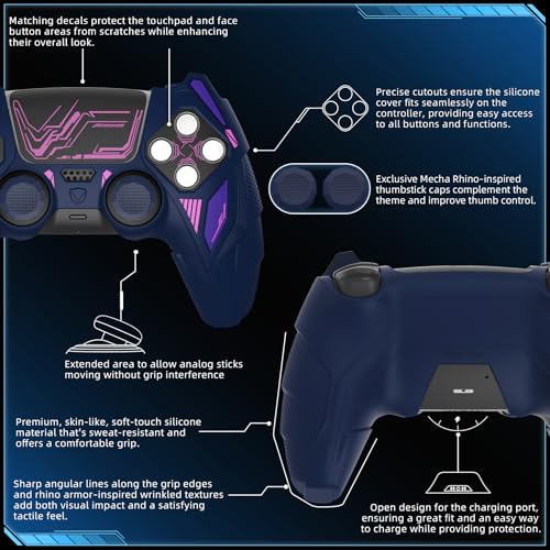 PlayVital Silicone Skin Set for PS5 Controller - Mecha Rhino Design, Anti-Slip Grip Cover Protector Compatible with Charging Dock, with Thumb Grips & Touchpad Sticker - Midnight Blue Purple - color: Midnight Blue & Purple