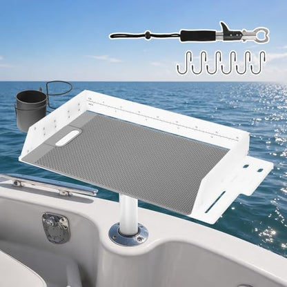 Bait Cutting Board for Boat, HDPE Thickened Bait Table Fishing Filet Board with Tool Slots and Larger Cup Holders, 360° Adjustable Rod Holder, Boat Fish Cleaning Table with Fish Fillet Mat